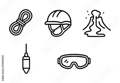 Mountaineering gear icons: rope, helmet, terrain, probe, goggles