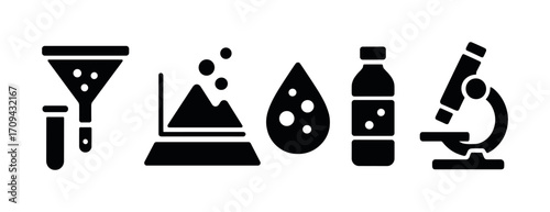 Science icon set with funnel graph water bottle and microscope