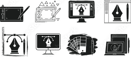 Graphic design silhouettes, digital art tools, drawing tablet, vector editing, pen tool, color swatches, creative software, laptop illustration, stylus, interface