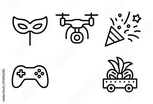 Minimalist icons of mask, drone, party popper, game controller, and fruit cart