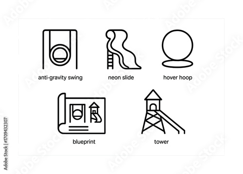 Innovative playground equipment: anti-gravity swing, neon slide, hover hoop, blueprint, tower