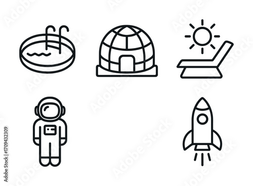 Outline icons of pool, igloo, sunbed, astronaut, and rocket
