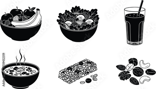 Healthy food silhouettes, fruits and vegetables illustration, salad bowl, soup, nuts, granola bar, nutrition concept, wellness lifestyle, diet planning, organic