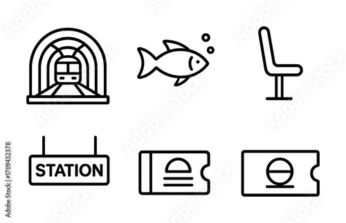 Simple line icons of subway train, fish, chair, station sign, and tickets