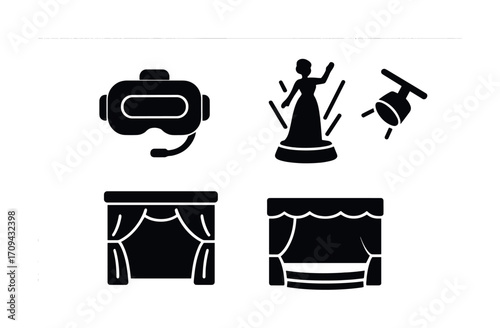 Theatre and vr icons: headset, performer, spotlights, curtains in black silhouettes