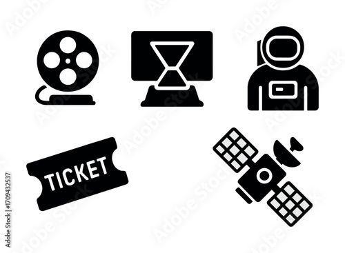 Icon set with movie reel, computer screen, astronaut, ticket, and satellite