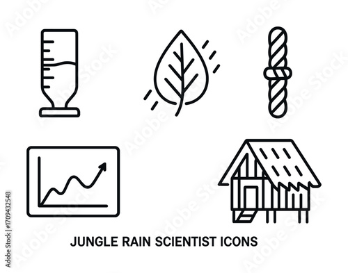 Jungle rain science icons: flask, leaf, rope, chart, hut