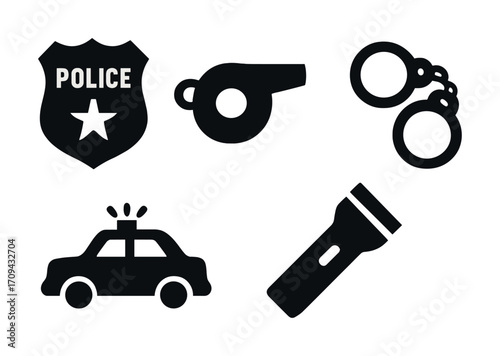 Police equipment icons: badge, whistle, handcuffs, car, flashlight