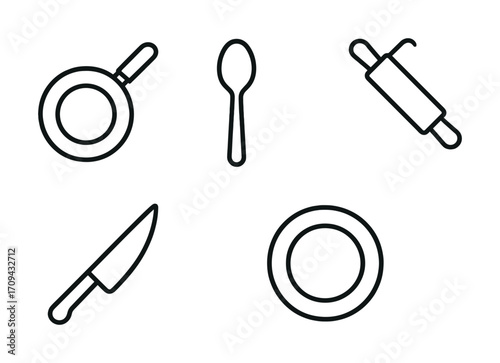 Outline icons of kitchen tools: frying pan, spoon, rolling pin, knife, and plate