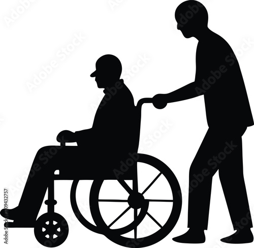 Senior in Wheelchair Being Pushed, Vector Silhouette Illustration