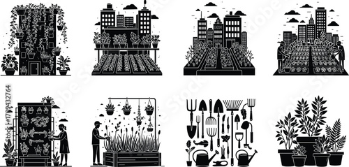 Urban gardening illustration, rooftop farming, vertical garden, community garden, sustainable agriculture, eco city, black and white drawing, urban farming concept,