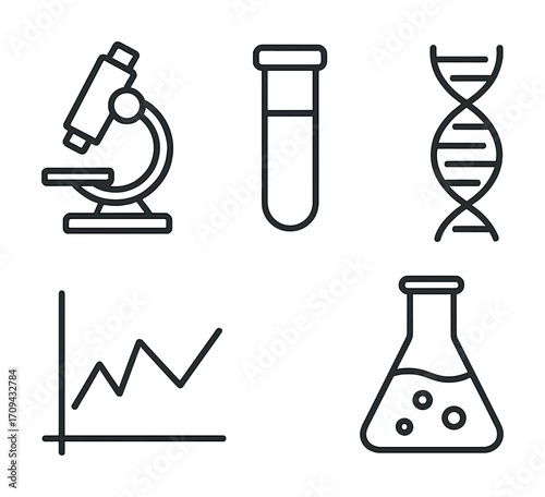 Scientific icons: microscope, test tube, dna, graph, and flask