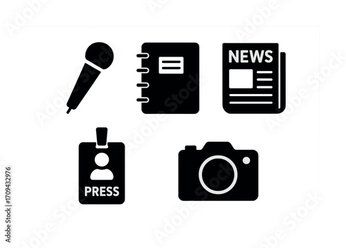 Press and media icons: microphone, notebook, newspaper, camera, press pass