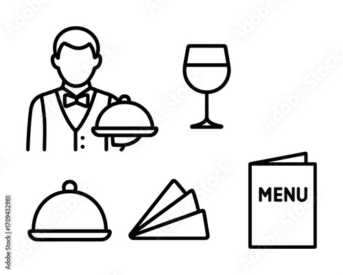 Restaurant icons: waiter, wine glass, covered dish, napkins, menu