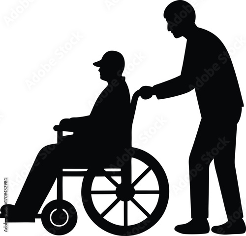Senior in Wheelchair Being Pushed, Vector Silhouette Illustration