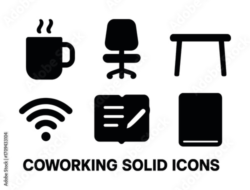 Coworking solid icons: coffee, chair, desk, wi-fi, notebook, book