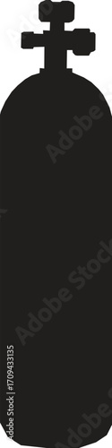 silhouette of a scuba dive oxygen cylinder with valve and regulator. On white background.