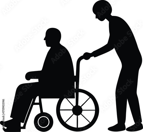 Senior in Wheelchair Being Pushed, Vector Silhouette Illustration