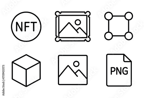 Digital icons: nft, image editor, vector design, 3d cube, photo, png file symbols