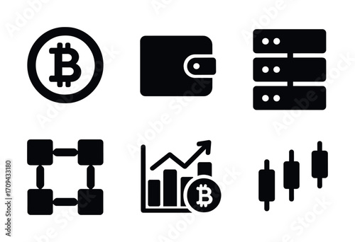 Cryptocurrency icons: bitcoin, wallet, blockchain, server, charts, data