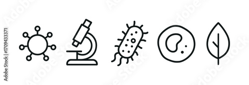 Scientific icons collection featuring virus, microscope, bacteria, cell, and leaf