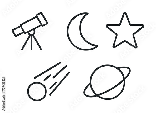 Astronomy icons: telescope, moon, star, shooting star, and planet symbols