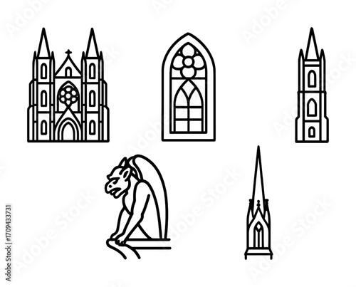 Gothic architecture icons: cathedral, gargoyle, stained glass, towers