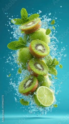 Floating kiwi, apple and lime with mint in water on blue