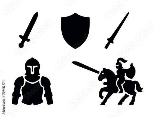 Medieval armor and weapons: knight, sword, shield, equestrian silhouettes