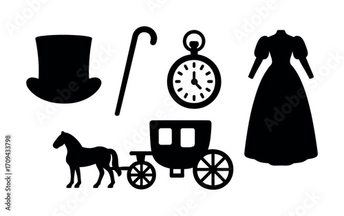 Victorian elegance: silhouettes of hat, dress, pocket watch, horse carriage, and walking cane