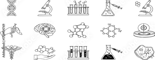Biotechnology Icon Set - Vector illustrations for medical research, genetics, and lab work Outline and solid style