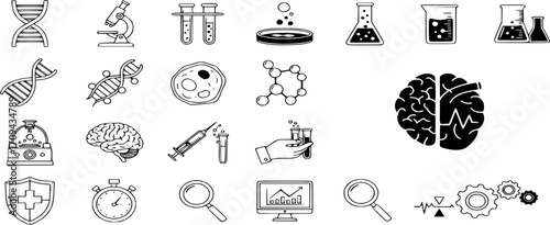 Biotechnology Icon Set - Vector illustrations for medical research, genetics, and lab work Outline and solid style