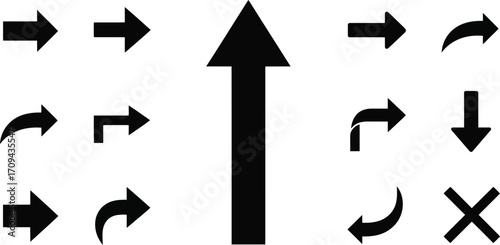 A collection of simple, graphic arrows of various styles arranged in a clean and organized display. The contrasting black arrows on neutral background.