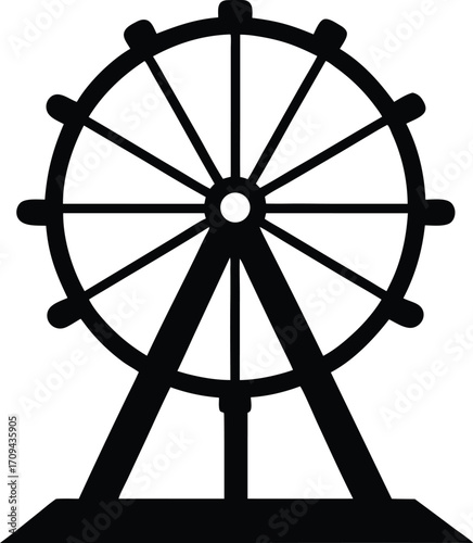 Black Flat Design Ferris Wheel. Simple Vector Silhouette for Carnival, Fair, or Amusement Park Themes.
