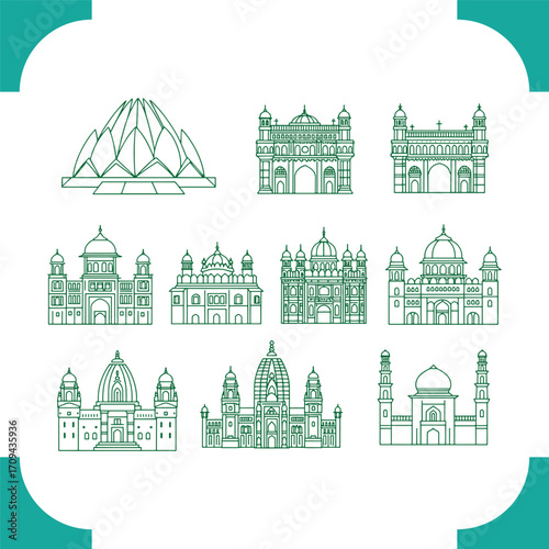 Indian architectural landmarks and monuments in green line art style.