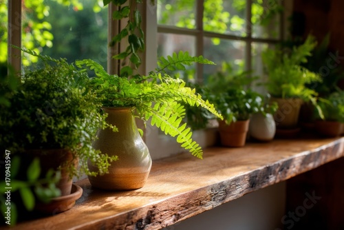 A wooden shelf by the window lined with ferns and herbs Soft daylight warms the greenery The mood feels cozy and vibrant