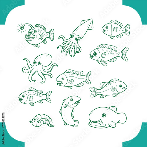Hand drawn set of various sea creatures and fish illustrations.