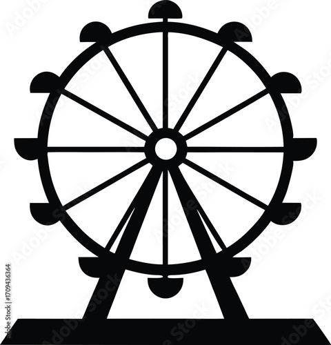 Black Flat Design Ferris Wheel. Simple Vector Silhouette for Carnival, Fair, or Amusement Park Themes.