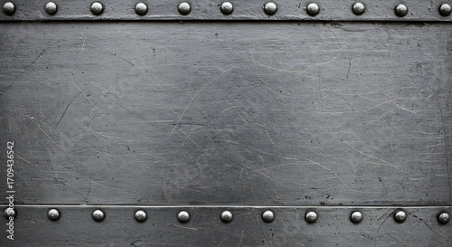 Heavy industrial metal background plate with rows of steel rivets along the top and bottom borders. Dark, weathered, and scratched metallic surface texture