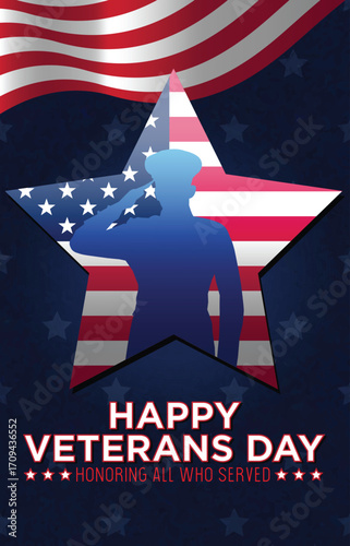Happy Veterans Day banner featuring a soldier silhouette, American flags, and patriotic colors, emphasizing honoring all who served. National holiday of USA Veterans Day 11 Th November. Vector design.