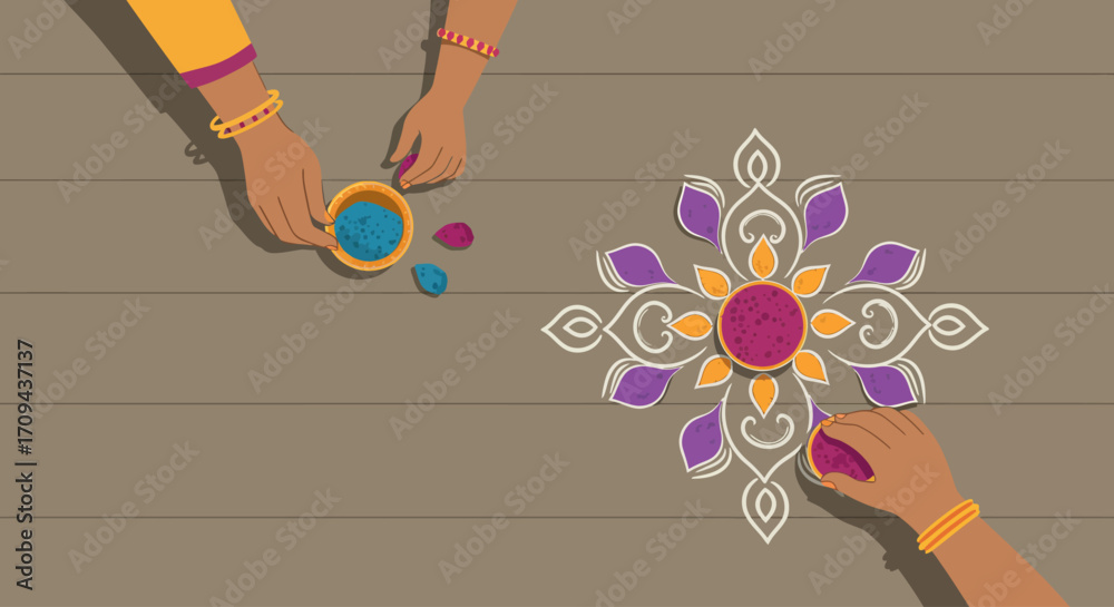 Obraz premium This flat design illustration captures the artistic process of creating a beautiful rangoli pattern, a traditional decorative art form for Diwali.