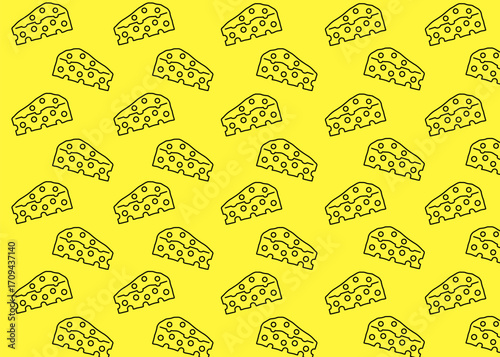 A slice of cheese illustration pattern with yellow background, food packaging, menu illustration hand drawn print ads, food business,