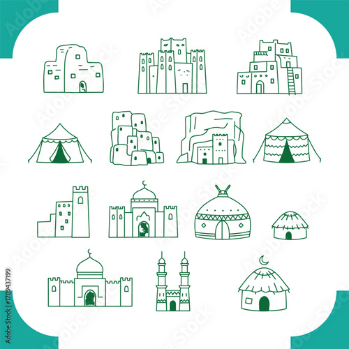 Set of Hand Drawn Traditional Middle Eastern and Islamic Architecture Icons.