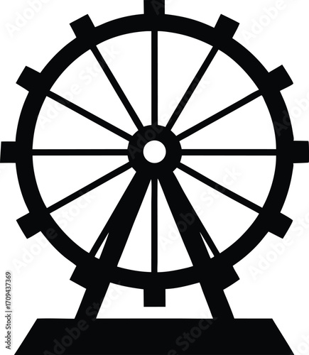 Black Flat Design Ferris Wheel. Simple Vector Silhouette for Carnival, Fair, or Amusement Park Themes.