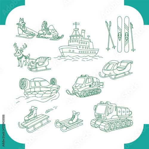Hand drawn doodle set of winter transport and sports equipment.