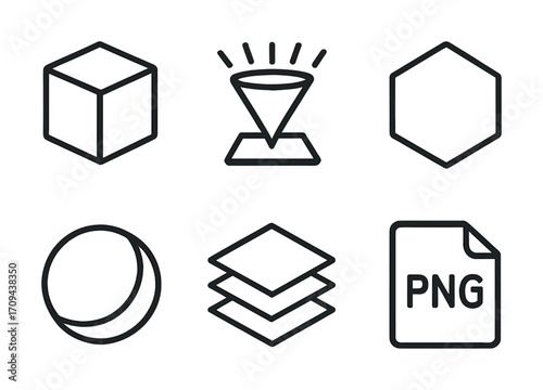 Outline icons of cube, spotlight, hexagon, sphere, layer stack, png file format