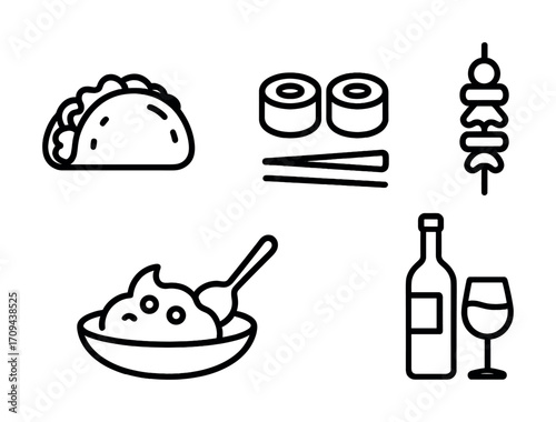 Line art of international foods: taco, sushi, kebab, mashed potatoes, wine