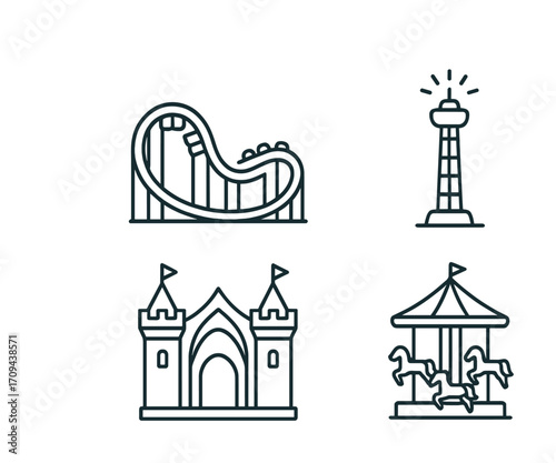 Amusement park icons: roller coaster, tower, castle, carousel
