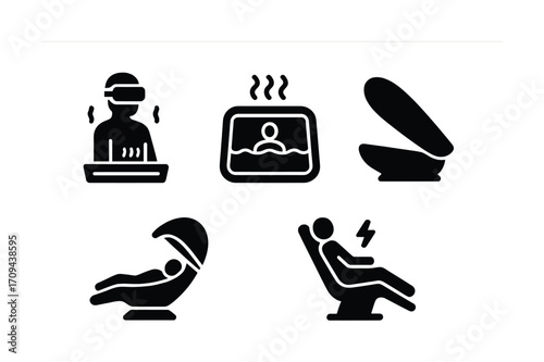 Spa and wellness icons: sauna, steam room, massage, relaxation chair, vr therapy