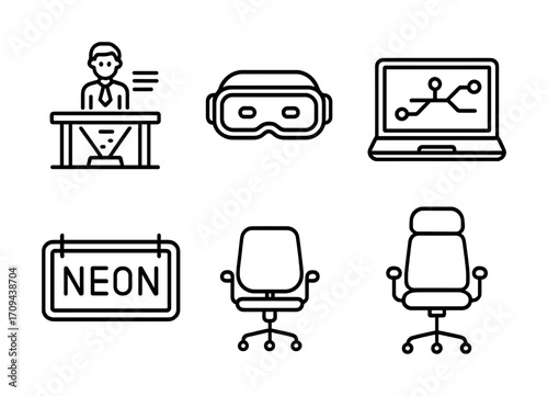 Line icons: businessman, vr, laptop, neon sign, office chairs